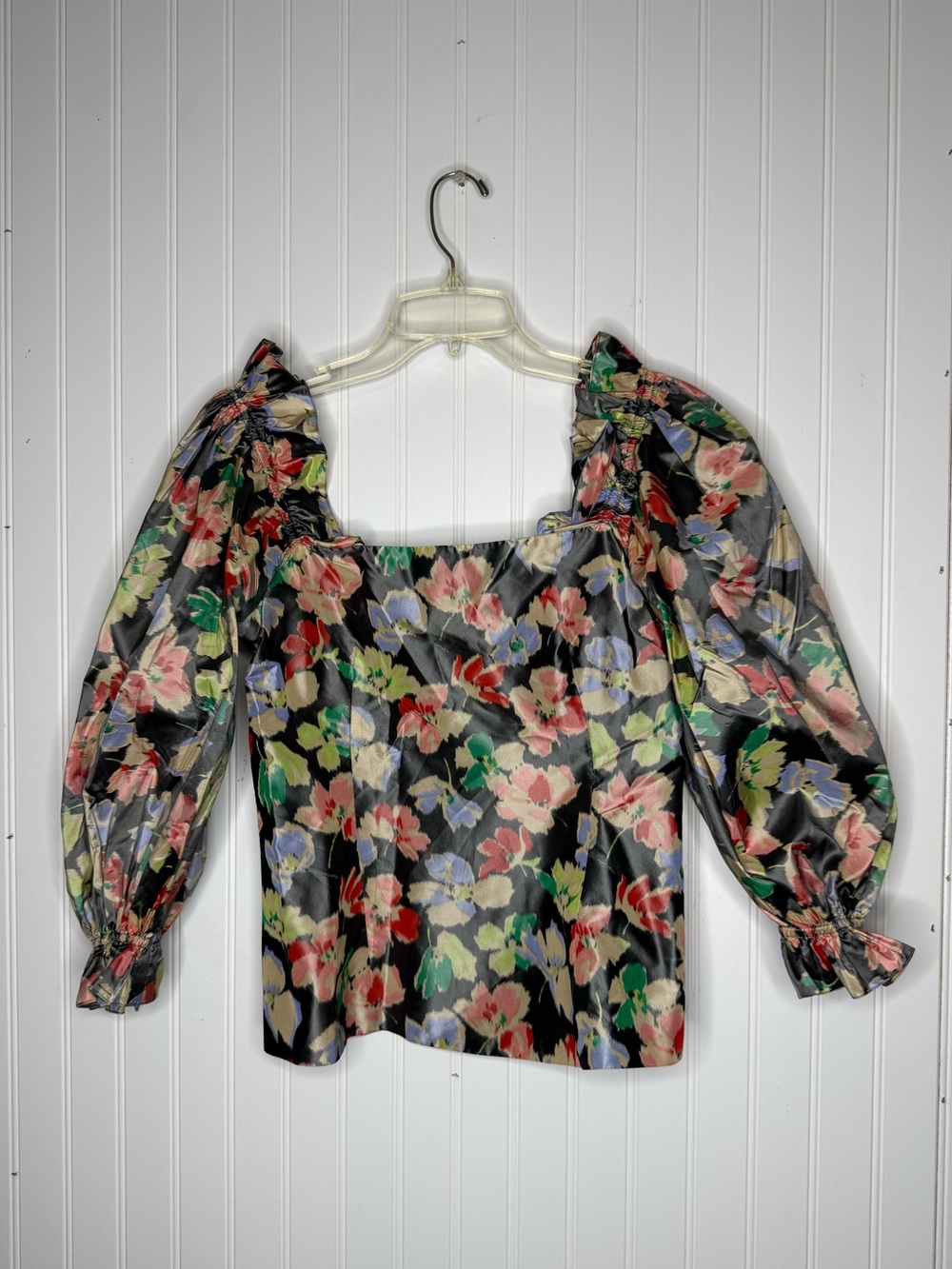 Vintage Mariko New York Square Neck Silk Puffed Sleeved Dressy Floral Top